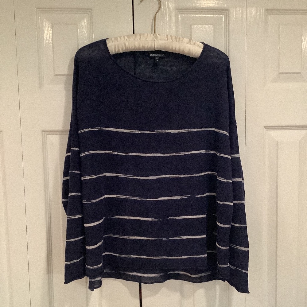 Navy and white striped Eileen Fisher linen sweater
